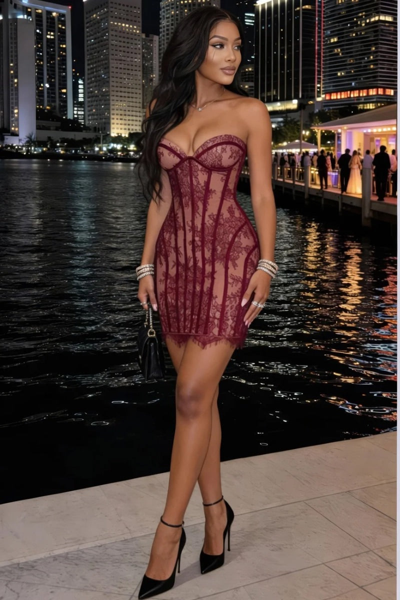 VÉRA AFTER HOURS LACE MINI DRESS-RED