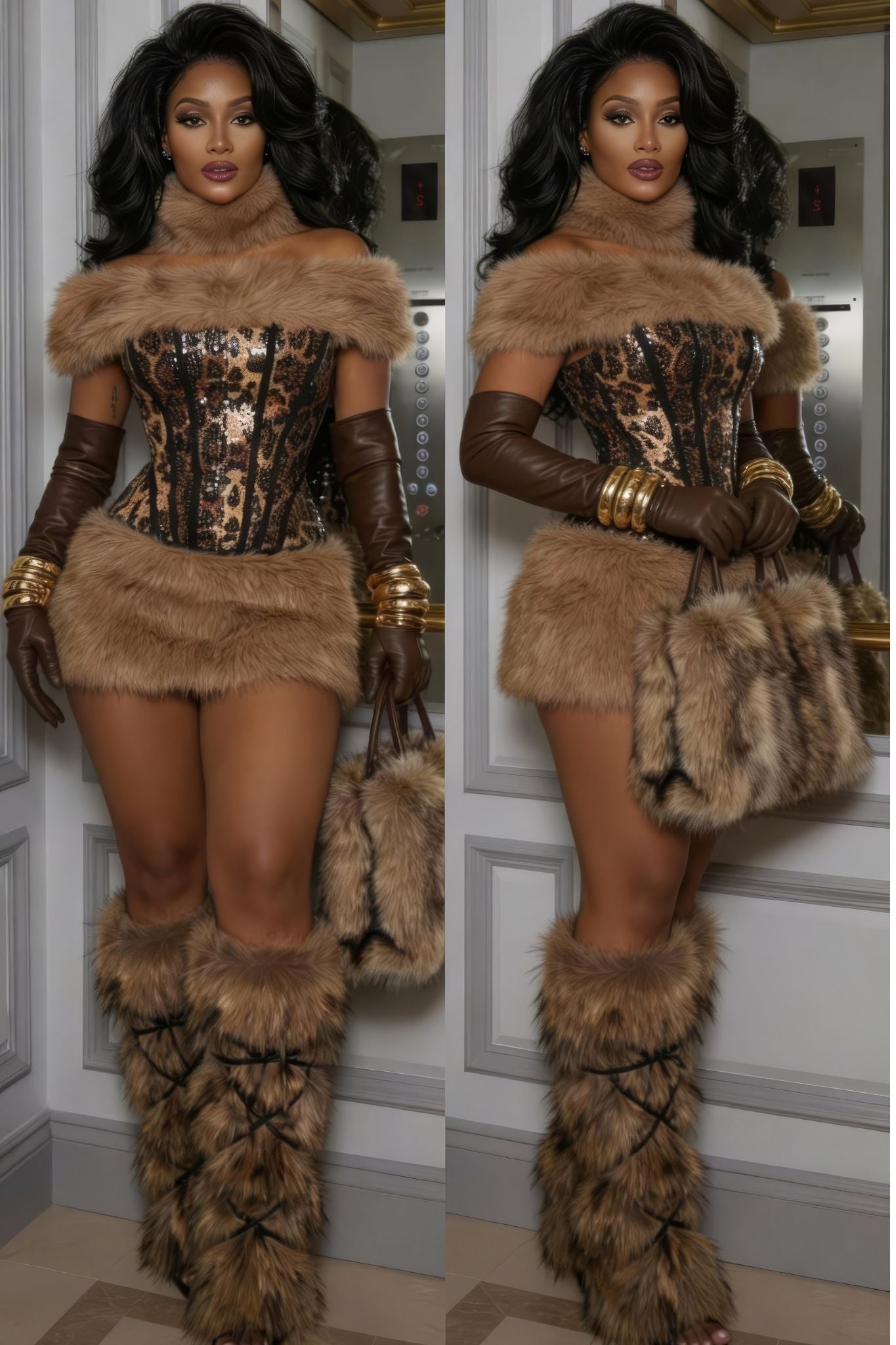 THE HEIRESS LEOPARD FUR CORSET MINI (3-PIECES SET)