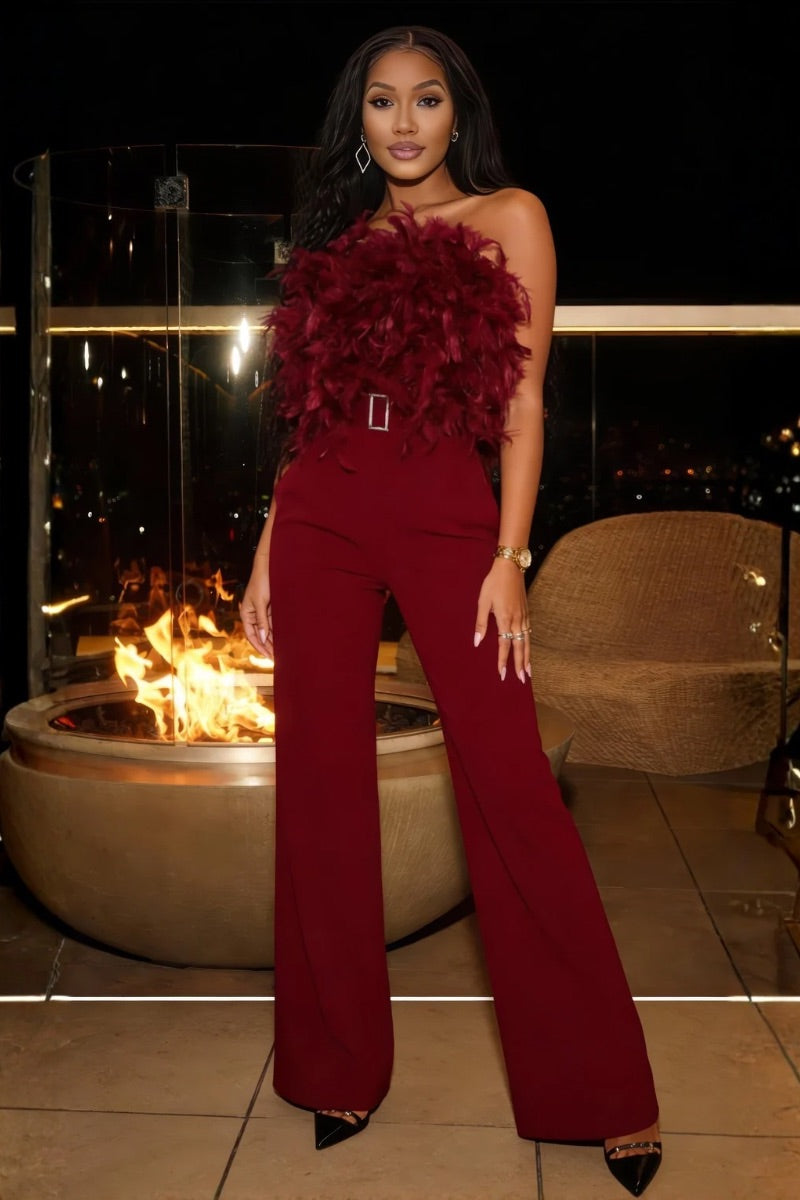 ABIZA MIDNIGHT MISCHIEF FEATHER JUMPSUIT