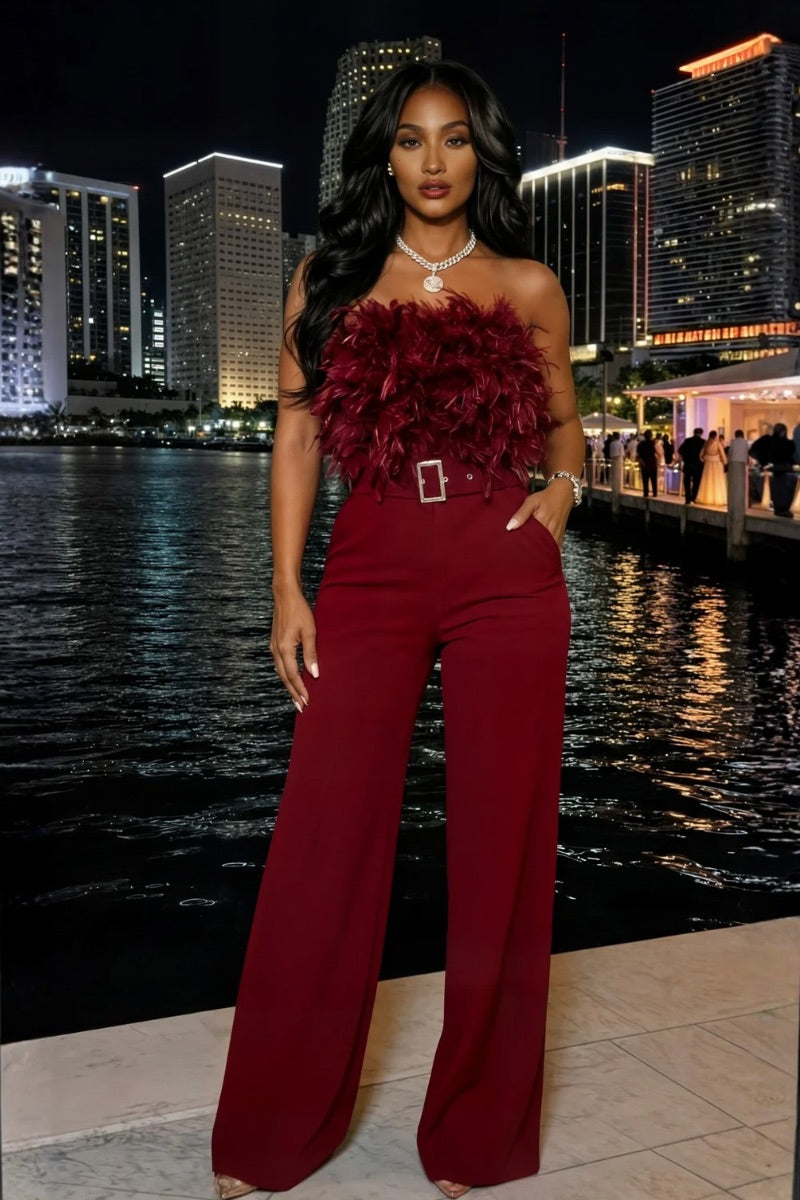 ABIZA MIDNIGHT MISCHIEF FEATHER JUMPSUIT