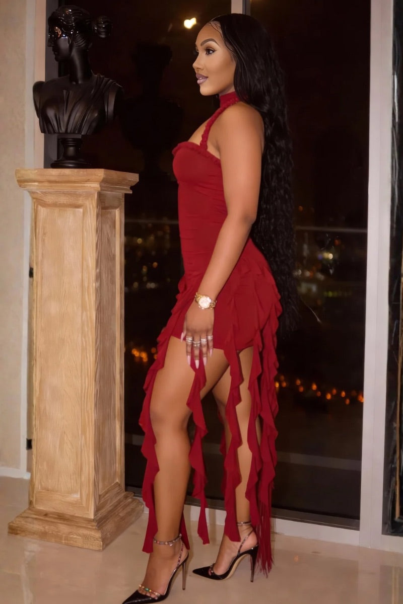 AMORA THE ENTRANCE FRINGE DRESS-RED