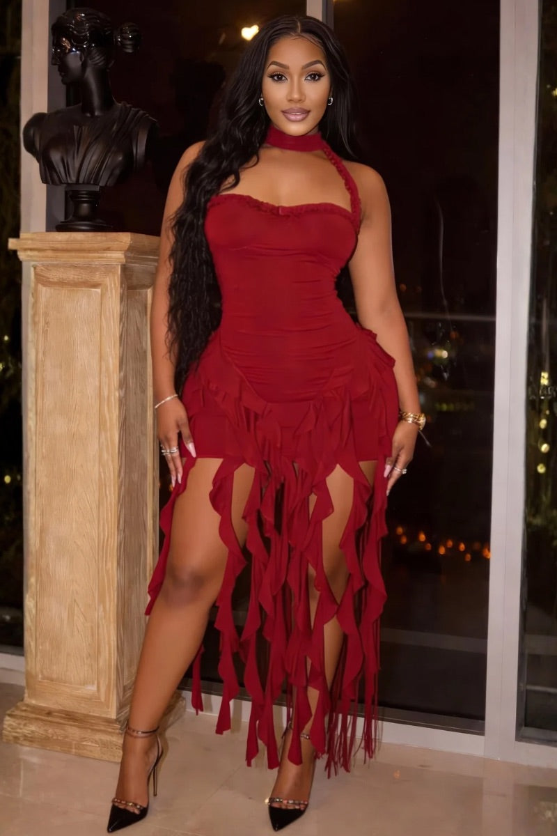 AMORA THE ENTRANCE FRINGE DRESS-RED